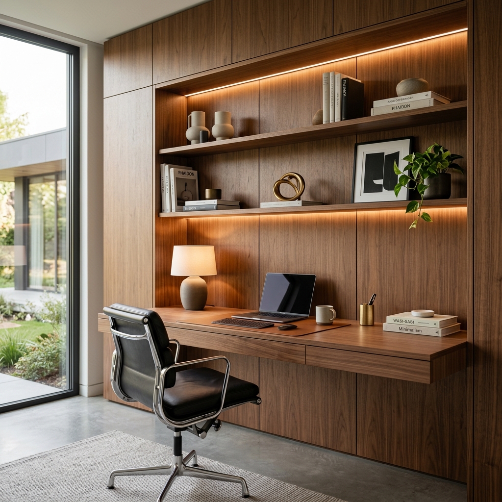 Luxury home office desk with integrated wooden cabinetry shelves